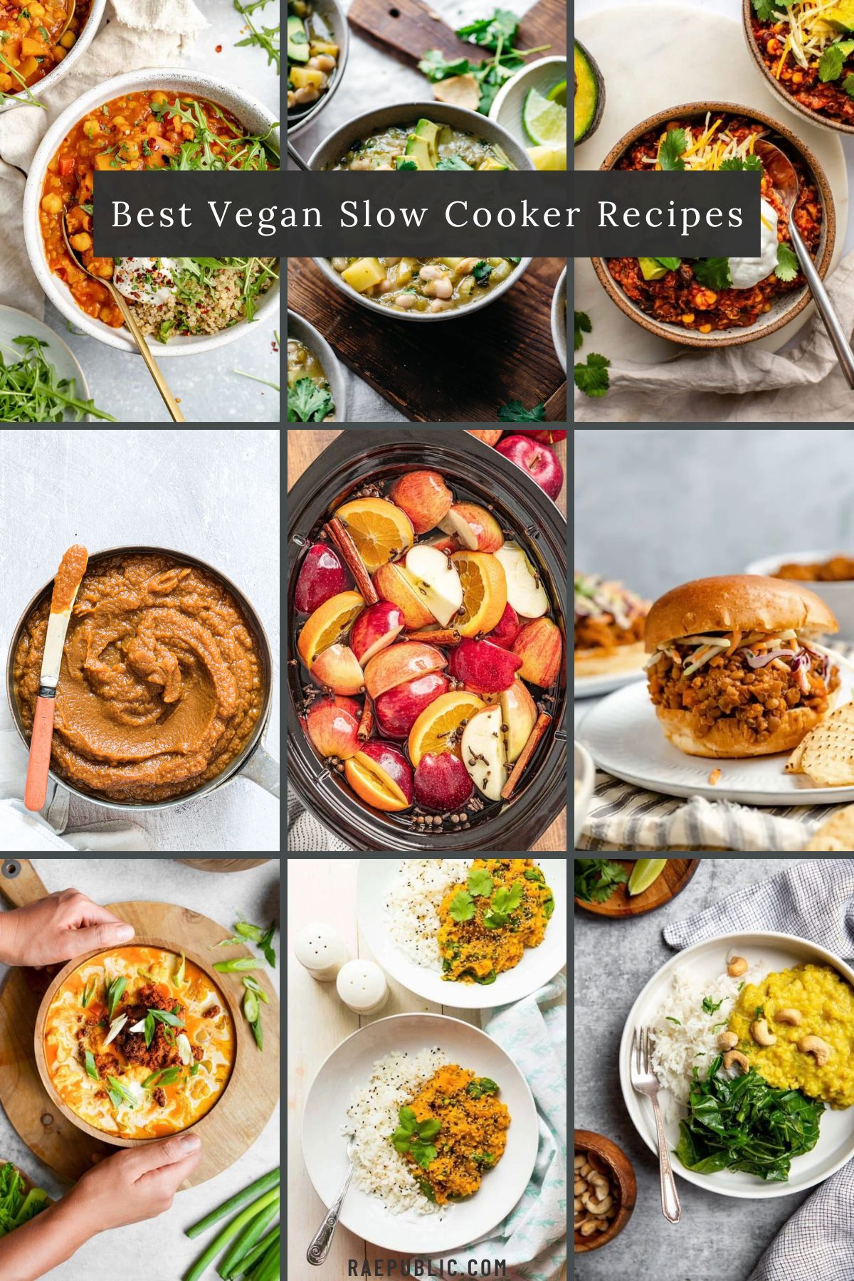 A collage of pictures of slow cooker soups and stews.