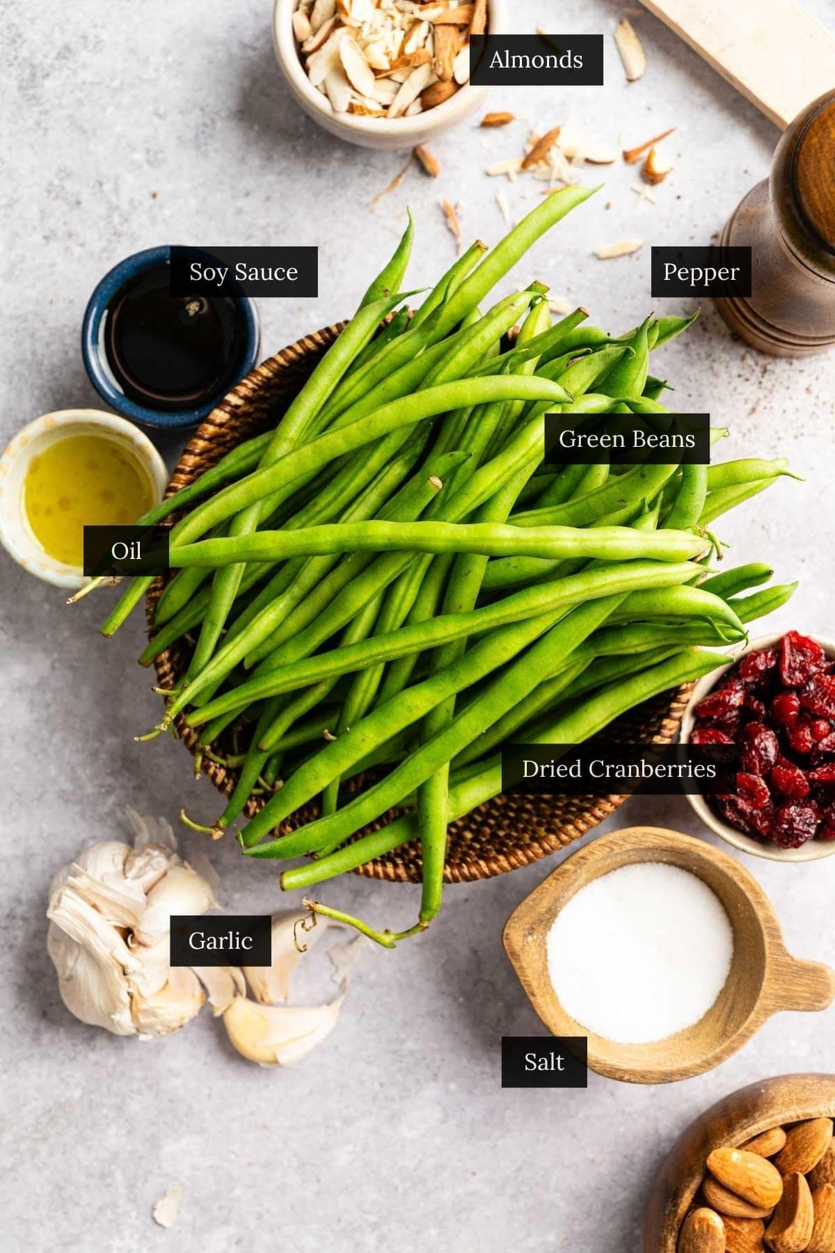 Ingredients for cranberry beans with almonds with each ingredient labeled.