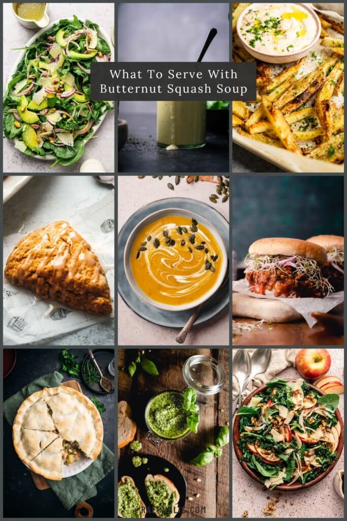 Different recipes that go good with butternut squash soup in a collage.